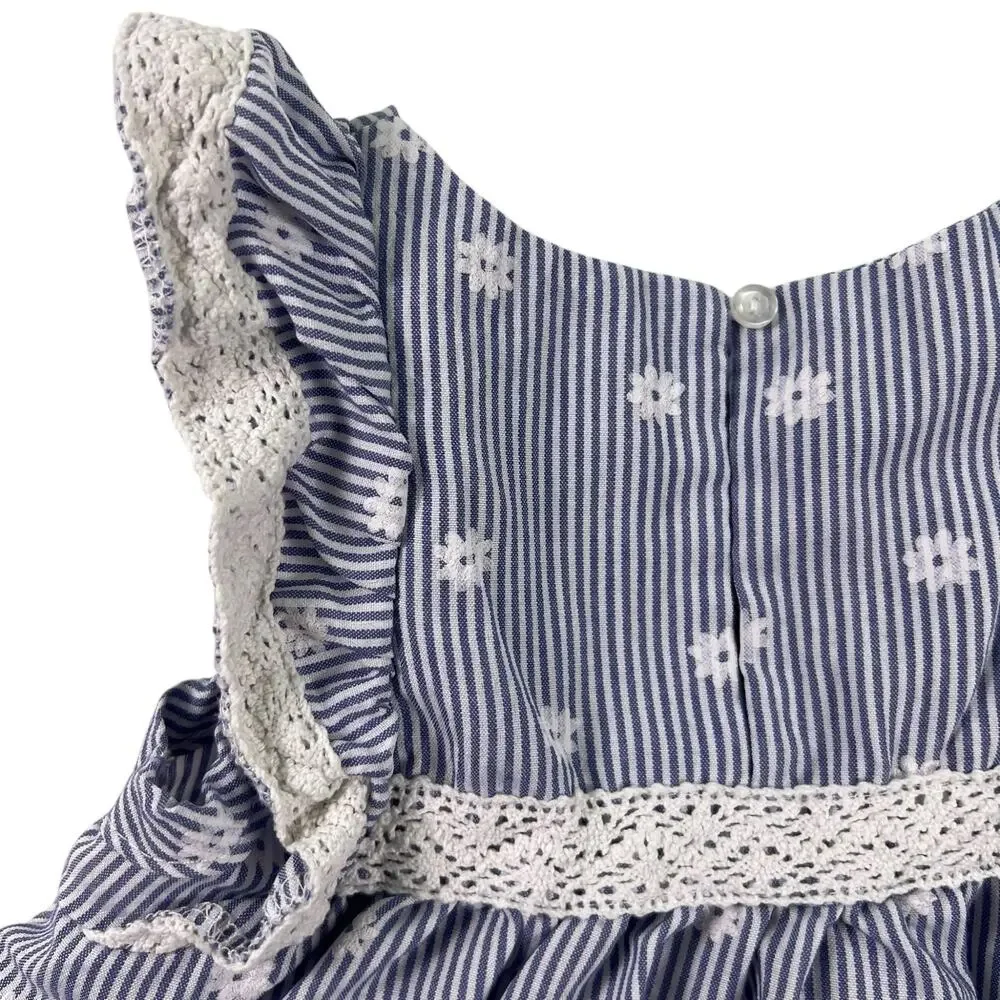 RZ Rachel Zoe Toddler Dress 3T Blue White Railroad Stripe Floral Lace Ruffle Hem